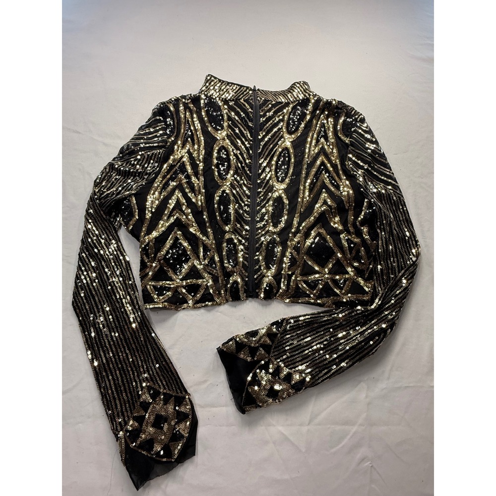 Gold Black Sequin Crop Top Long Sleeve Art Deco Geometric Festival Mock Neck